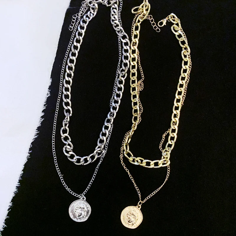 

Vintage Multi-layer Coin Chain Choker Necklace For Women Gold Silver Color Fashion Portrait Chunky Chain Necklaces Jewelry