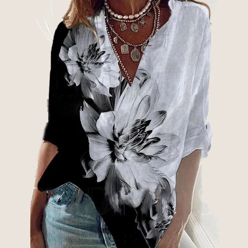 

2022 Color Block Print Blouse Women Three-Quarter Sleeve Loose Women's Blouse V-Neck Casual Spring Autumn Blouse