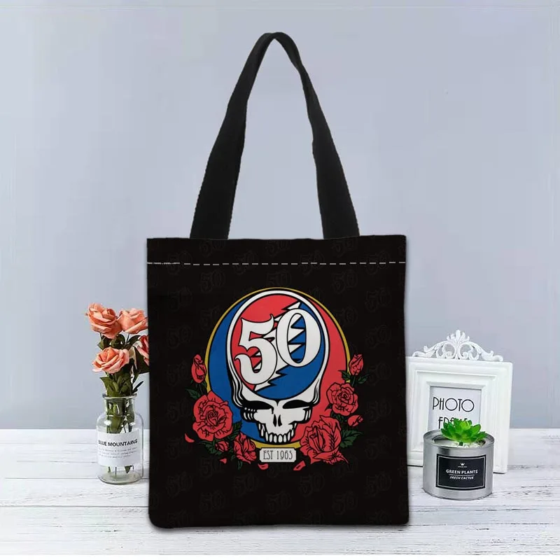 Custom Grateful Dead Tote Bag Canvas Fabric Handbag Two Sides Printed Shopping Bags Traveling Casual Useful Shoulder Bag 1208