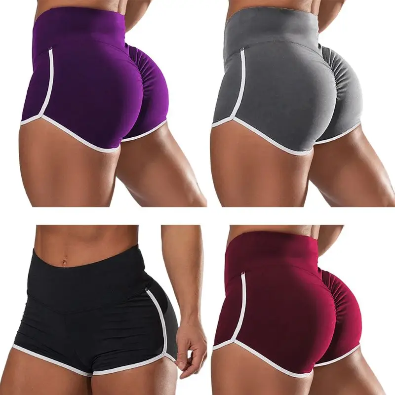 

Women Solid Color Workout Yoga Shorts High Waist Stretch Ruched Butt Lifting Leggings Striped Trim Dolphin Sport Pants