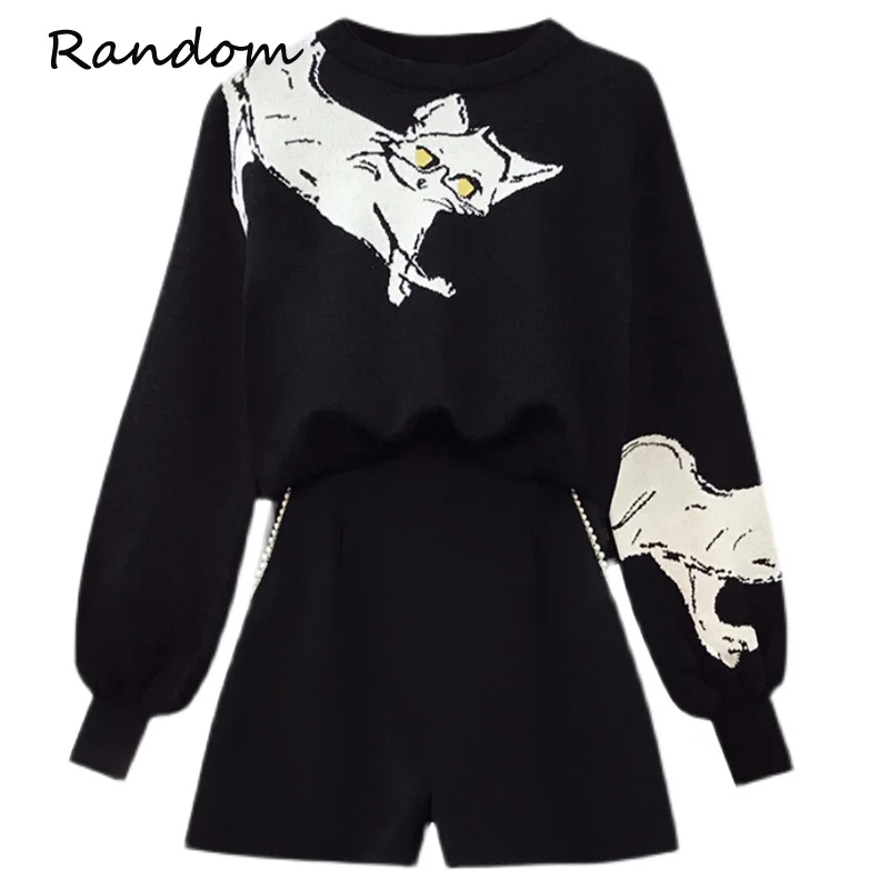 

New Plus Size Women Y2K Knit Black Suit Cat Pullover Sweater Top And Pearl Short Pant Two Piece Set Wintae Autumn Outfit Cloth