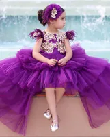 High Low Purple Flower Girls Dresses Princess Cap Sleeve Gold Appliques Long Toddler Kids Girl Party Prom Gowns