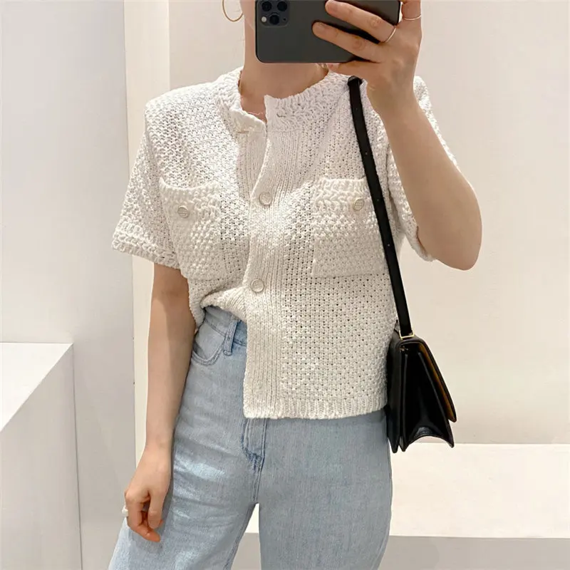 

White Stylish Sweet Office Lady Brief Chic Elegance 2021 Hot Sale Short Sleeves New Women High Quality Cardigans Sweaters