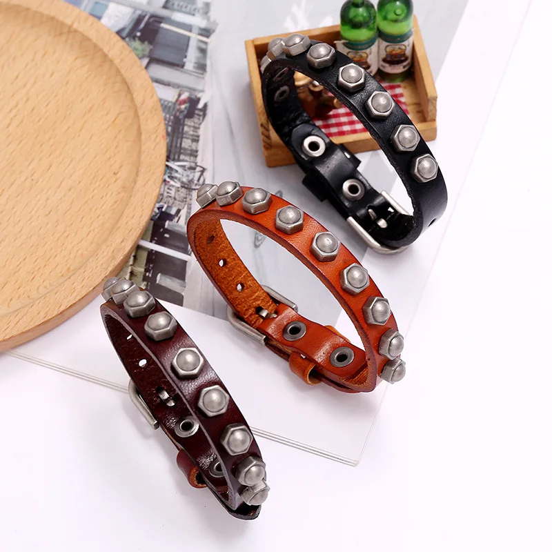 

Genuine Leather Bracelets for Men Handmade Vintage Rivet Adjustable Wrap Bracelets for Women Hand Strap