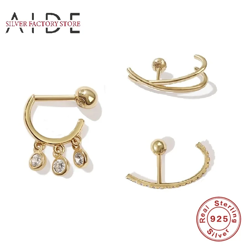 

AIDE Simple 925 Sterling Silver Stud Earrings For Women Row Of Zircon/Glossy/Zircon Dangle Piercings Jewelry Pendientes Brincos