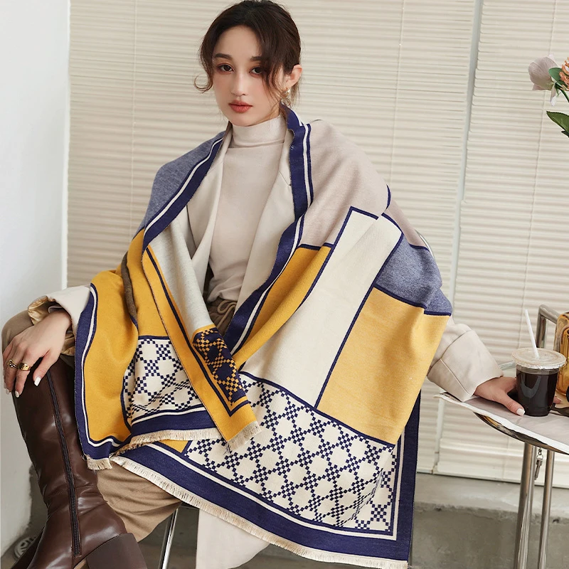 Imitation Cashmere Women Vintage Plaid Print Double sided Scarf Winter Warm Shawl Elegant Knit Tassel Female Thick Long Wrap |