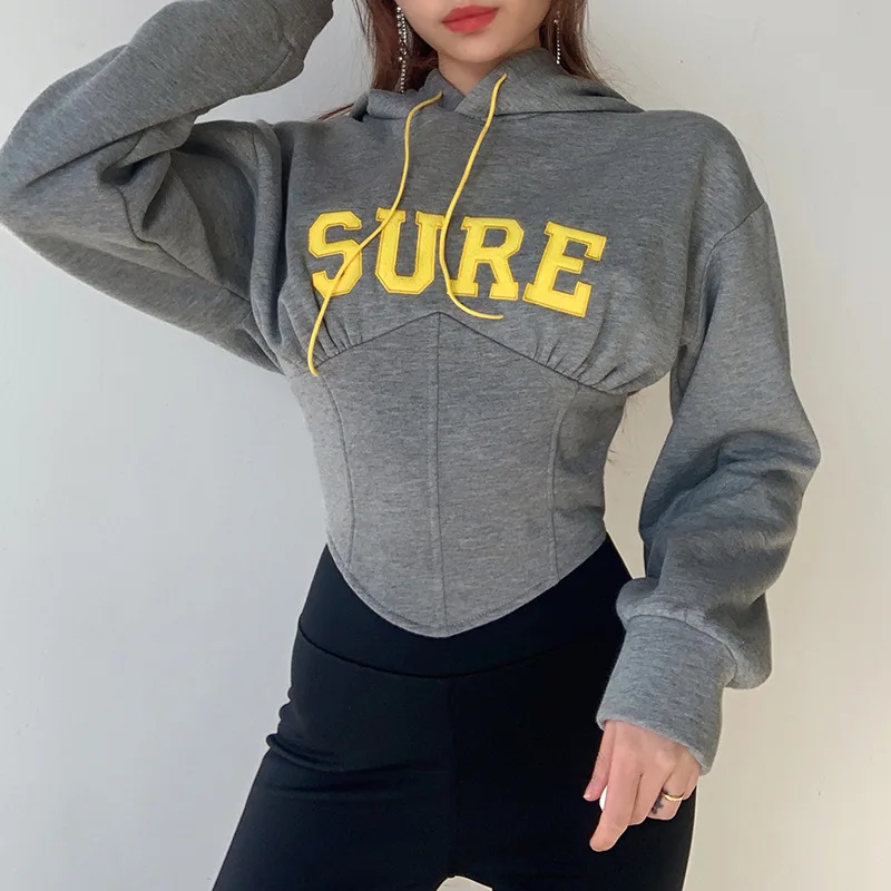 

Letter embroidery hoodie back cross bandage waist hooded casual drawstring gym corset sweater hoodies Sweatshirt for teen girls