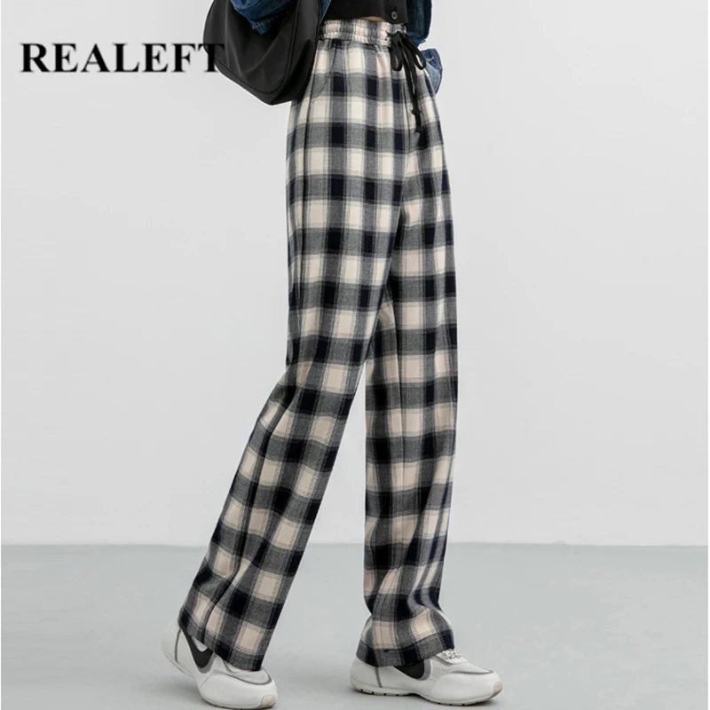 Брюки женские клетчатые с высокой талией широкими штанинами и карманами|Брюки| |