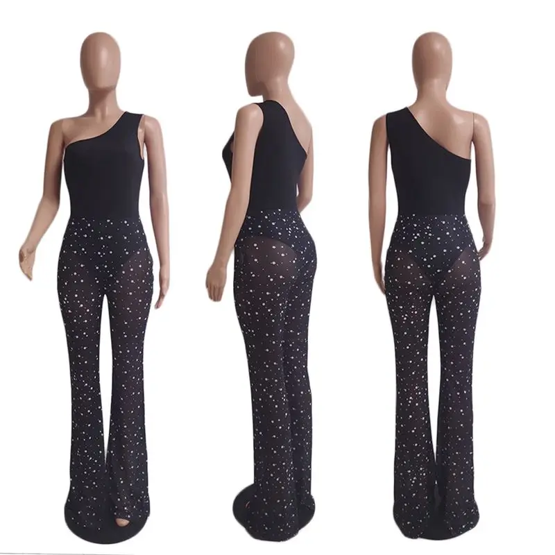 

TNNAOFF Mesh Sheer White Dot Bodycon Jumpsuit for Women Birthday Outfits Sexy One Piece Club One Shoulder Sleeveless Rompers