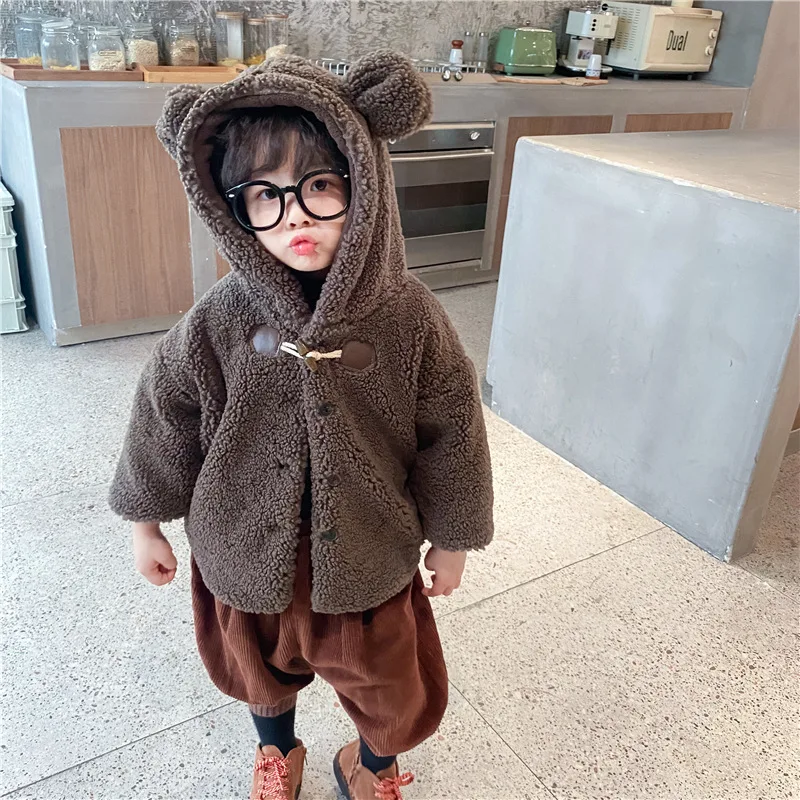 

DFXD детская зимняя куртка с капюшоном из овечьей шерсти для мальчиков и девочек, утепленная Флисовая теплая верхняя одежда с длинным рукавом...