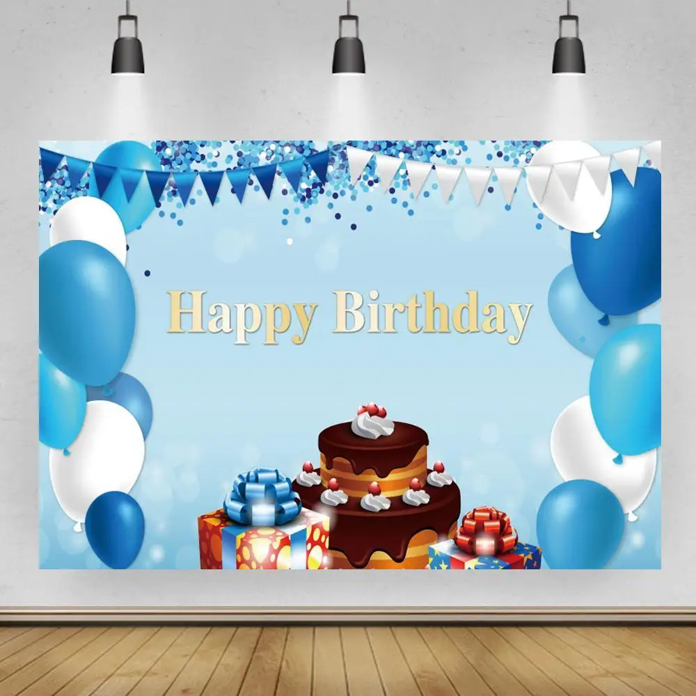 

Голубые воздушные шары, шоколадный торт в центре, декор для вечеринки в честь Дня Рождения, фоны для фотосъемки новорожденных детей