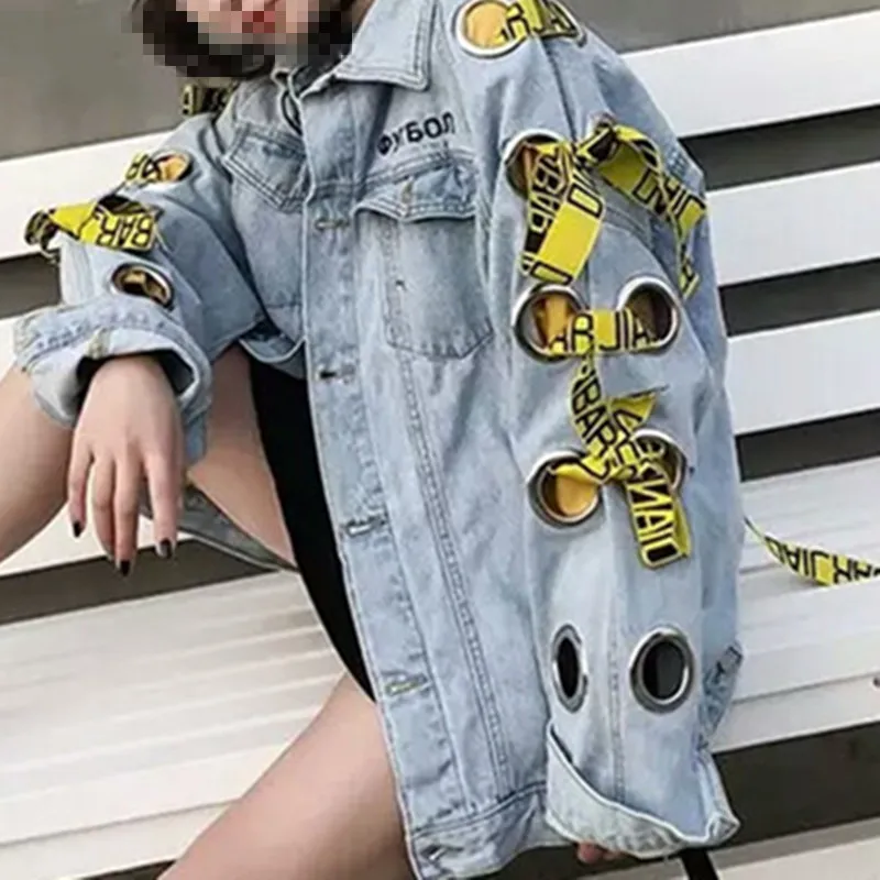 

Женская джинсовая куртка с буквенным принтом, Весенняя модная Свободная куртка с длинными рукавами, на бретельках, Женская куртка C 155