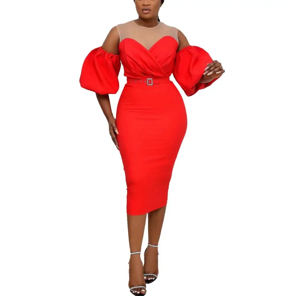 

African Office Lady Elegant Black Dress Lantern Sleeve High Waist Bodycon Cold Shoulder For Office Business Work Midi Dress New