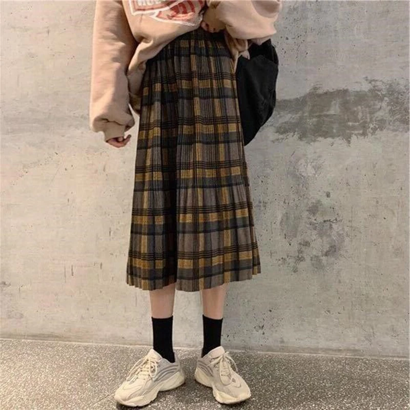 

Harajuku Wool knitting Stitching grid High-waisted skirt winter Woman clothes Retro Casual street y2k Slim All-match midi skirt