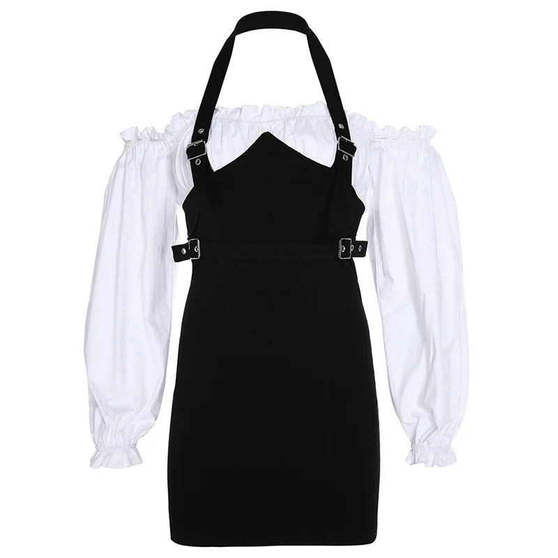 

Streetwear Halter Cargo Autumn Dress Patchwork Off Shoulder Party Dress Fashion Backless Women Dresses Adjustable New