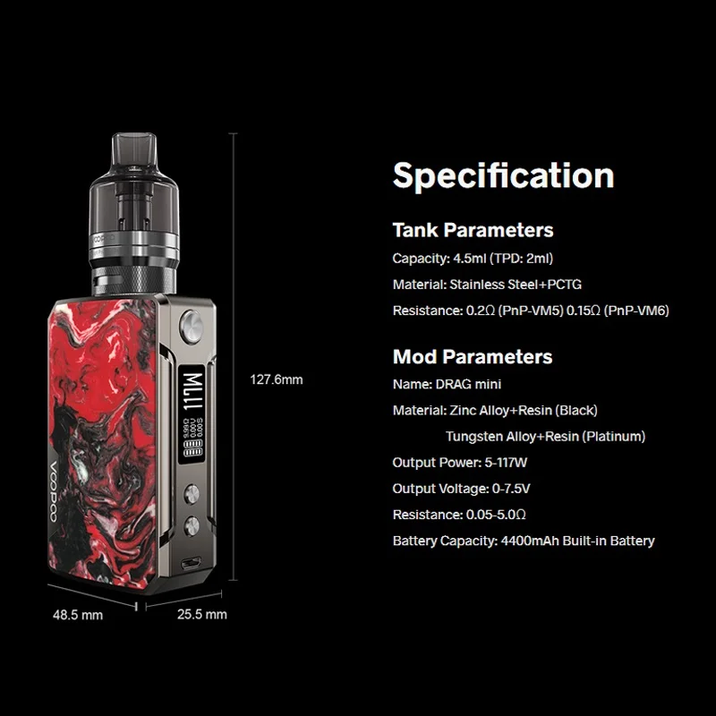 Voopoo DRAG MINI Kit Refresh Edition 117W Vape 4400mah Battery with 4.5ML PnP Tank VM5 & VM6 Coil Vaporizer VS Drag X 2 | Электроника
