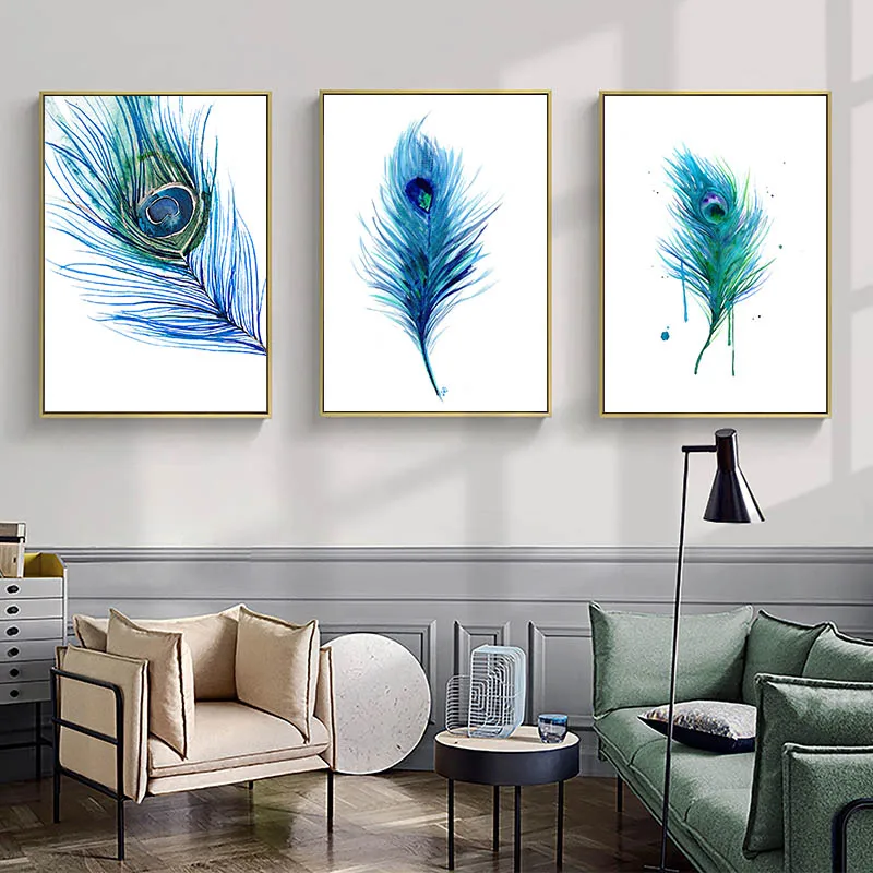 Абстрактный постер с акварельными павлиньими перьями минималистичный настенный