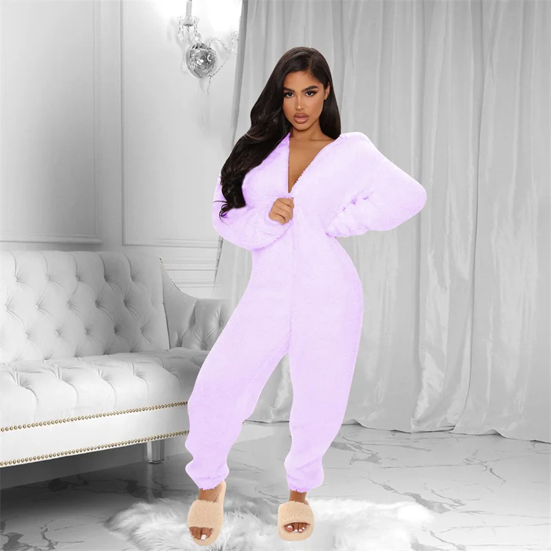 

Thicken Hooded Jumpsuit For Women Zipper Long Sleeve Overalls Velvet Pajamas Romper Playsuit Homewear Clothing Combinaison Femme
