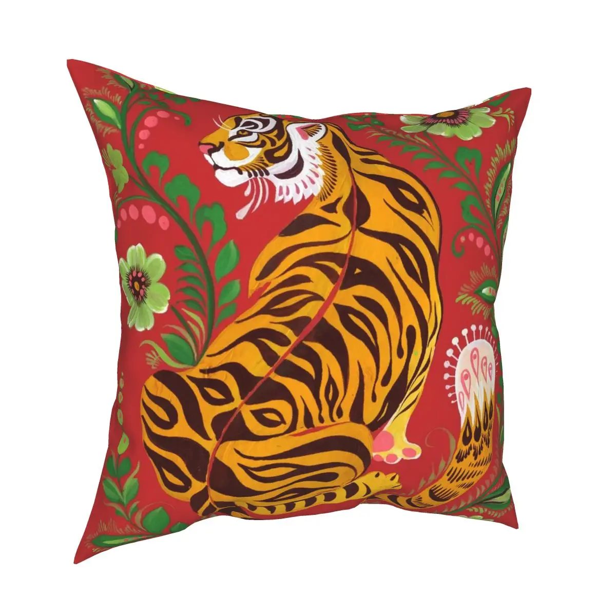 

Tiger Folk Art Pillow Case Decoration Animal Cushions Throw Pillow for Home Polyester Double-sided Printing Creative