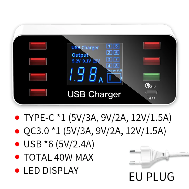 8 ports as picture IHaitun светодиодный 8 портов 8А 40 Вт QC 3,0 USB зарядное устройство Тип C быстрое зарядное устройство для мобильного телефона для iPhone X XS samsung S10 huawei P30 Pro - Тип штекера: 8 ports as picture