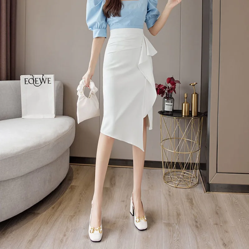 

2021 Women Spring Autumn High Elastic Waist Package Hip Skirt Female Solid Pencil Falda Lady Loose Split Stretch Slim Skirt F887
