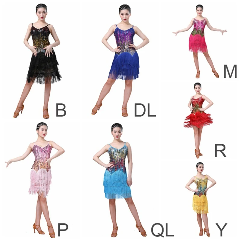 

Sexy Colorful Sequins Design Dance Dress Sling Deep V Neck Latin Dance Fringed Dresses Dance Performance Clothes Rk