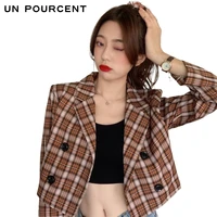 internet celebrity suit collar plaid shirt womens autumn clothing new korean style temperament design niche short top fashion