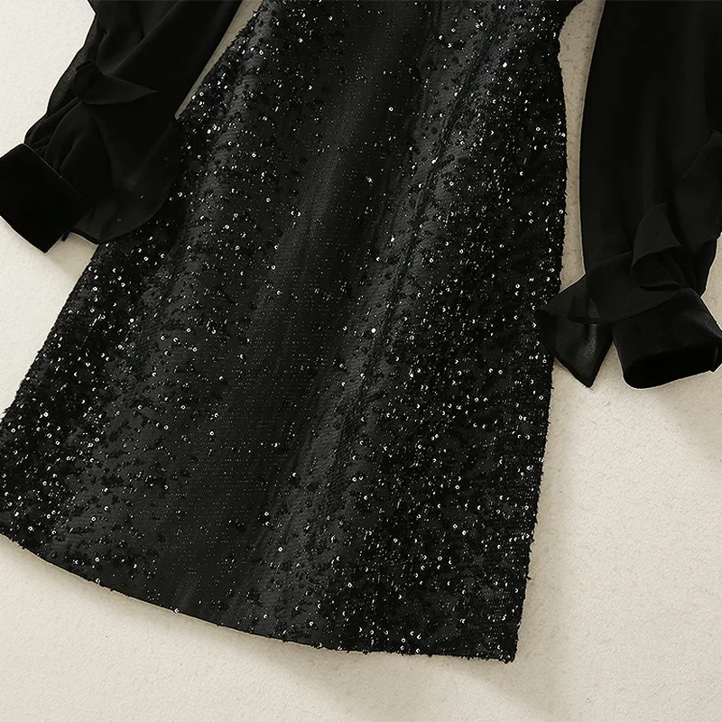 

Sequined Dress 2020 Autumn Winter Runway Style Women Turn-down Collar High Quality Chiffon Patchwork Long Sleeve Sexy Club Dress