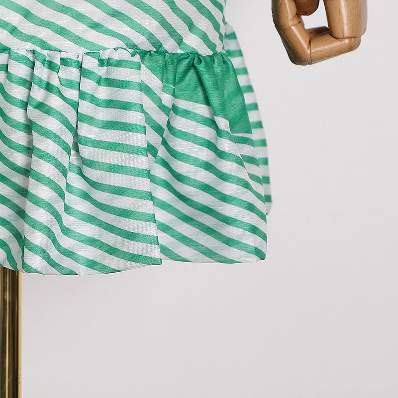 

Stripe Print Mini Dress with Sash Green High Quality 2020 Women Lantern Sleeve Asymmetric Ruffle