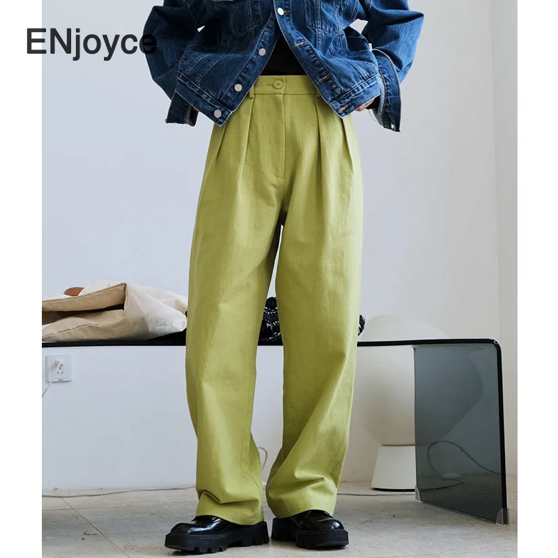 

Korean Style Vintage Green Straight Pants Women Fashion High Waist Wide Leg Casual Trousers Office Ladies Loose Cotton Pants