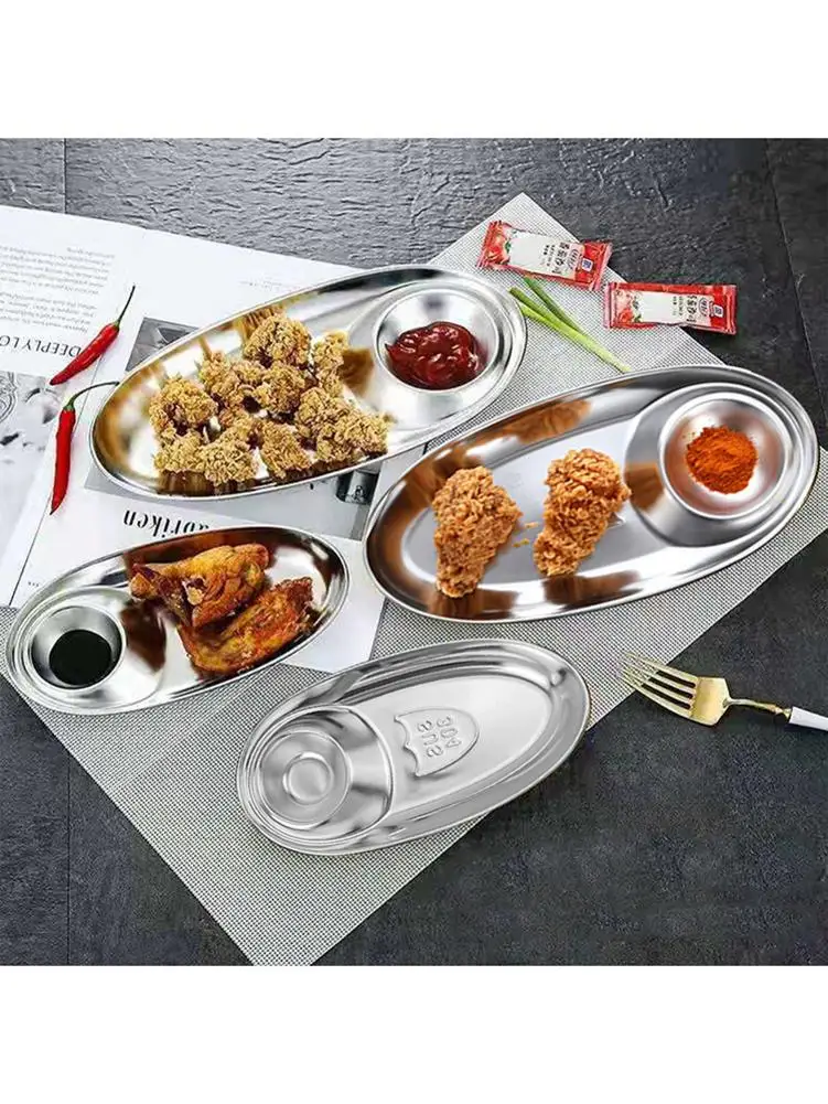 Stainless Steel Snack Plate Divided Grid Oval Sauce Western Fries Fried Chicken Tableware Kitchen Tools | Дом и сад
