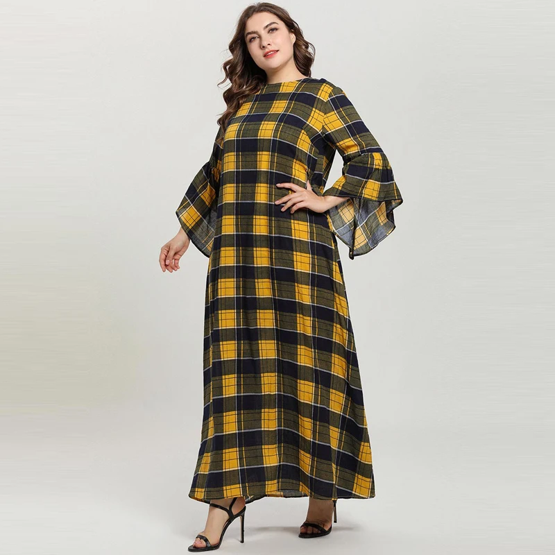 Женское желтое клетчатое повседневное длинное мусульманское платье с