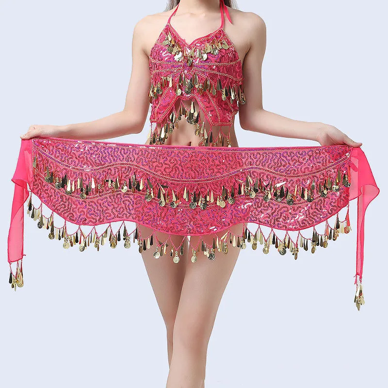 

Belly Dance Coin Waist Chain Stage Performance Decoration Sequin Tassel Triangle Wrap Costume Belt Shawl Chiffon Fringe Scarf