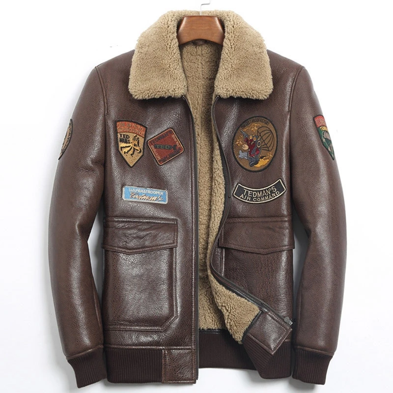 

Brown 2020 Dark Men Genuine Natural Pilot Shearling Coat Plus Size 4XL Winter Thick Russian Military Aviator Coat FREE SHIPPING