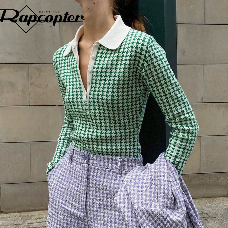 

Rapcopter Houndstooth Knitted Bodysuits y2k Retro Long Sleeve Bodycon Turn Down Collar Elegant Playsuits Slim Fashion Rompers