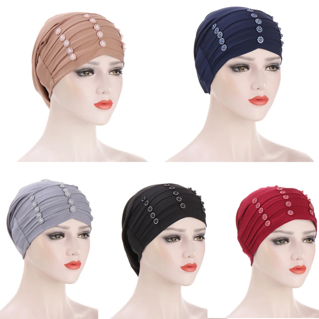 

Helisopus New Flower Crystal Button Design Turban Hat Pleated Linen Muslim Headwear Solid Cancer Chemo Head Scarf Accessories