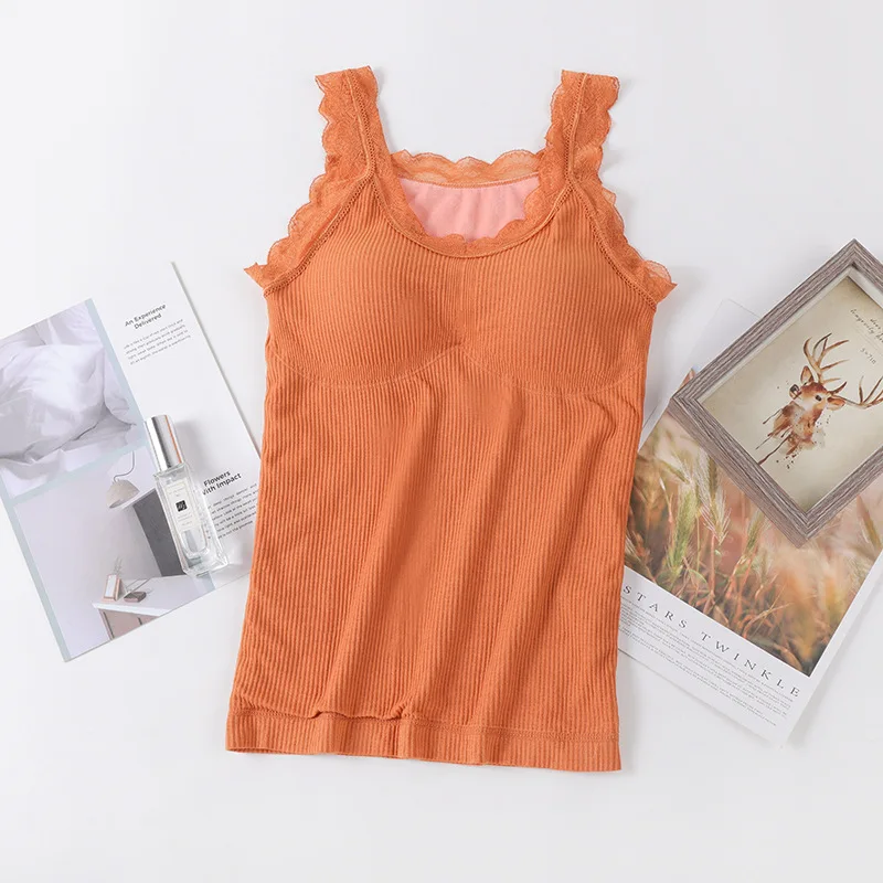

Vest With Pads Elastic Shoulder Straps Ladies Thermal Underwear Plush Warm Top Women Seamless Velvet Sling Double