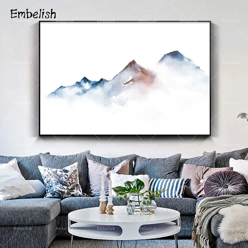 

Embelish 1 Pieces Chinese Style Far Blue Mountains In Mist Landscape Wall Pictures For Living Room Home Decor HD Canvas Painting