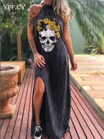 2020 summer dresses women punk style loose halter neck sleeveless skull print dress female street side high split flower print