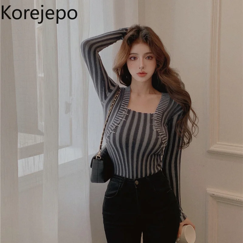 

Korejepo Bottomed Top Personality Retro Square Neck Tight and Thin Autumn Winter 2021 New Knitted Sweater Inner Tops Women
