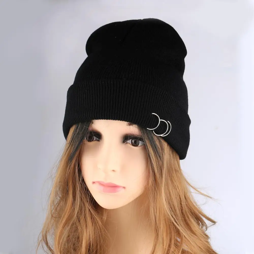 Мужские зимние шапки черные железные кольца хип хоп Skullcap женские вязаные теплые