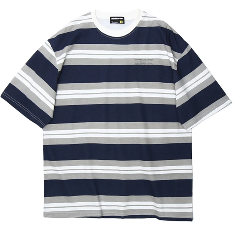 

Винтажная футболка в полоску для мужчин, летние топы с коротким рукавом в японском стиле Харадзюку, уличная одежда, свободные повседневные ...