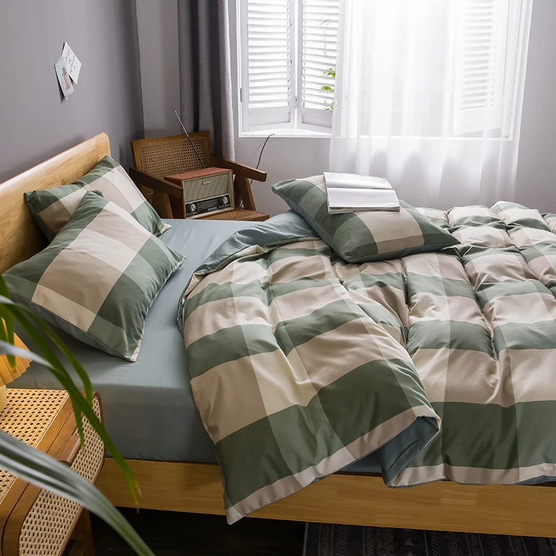 

green big plaid bedding set button decorate duvet cover japan style bed linen duvet cover pillowcase bed sheets set