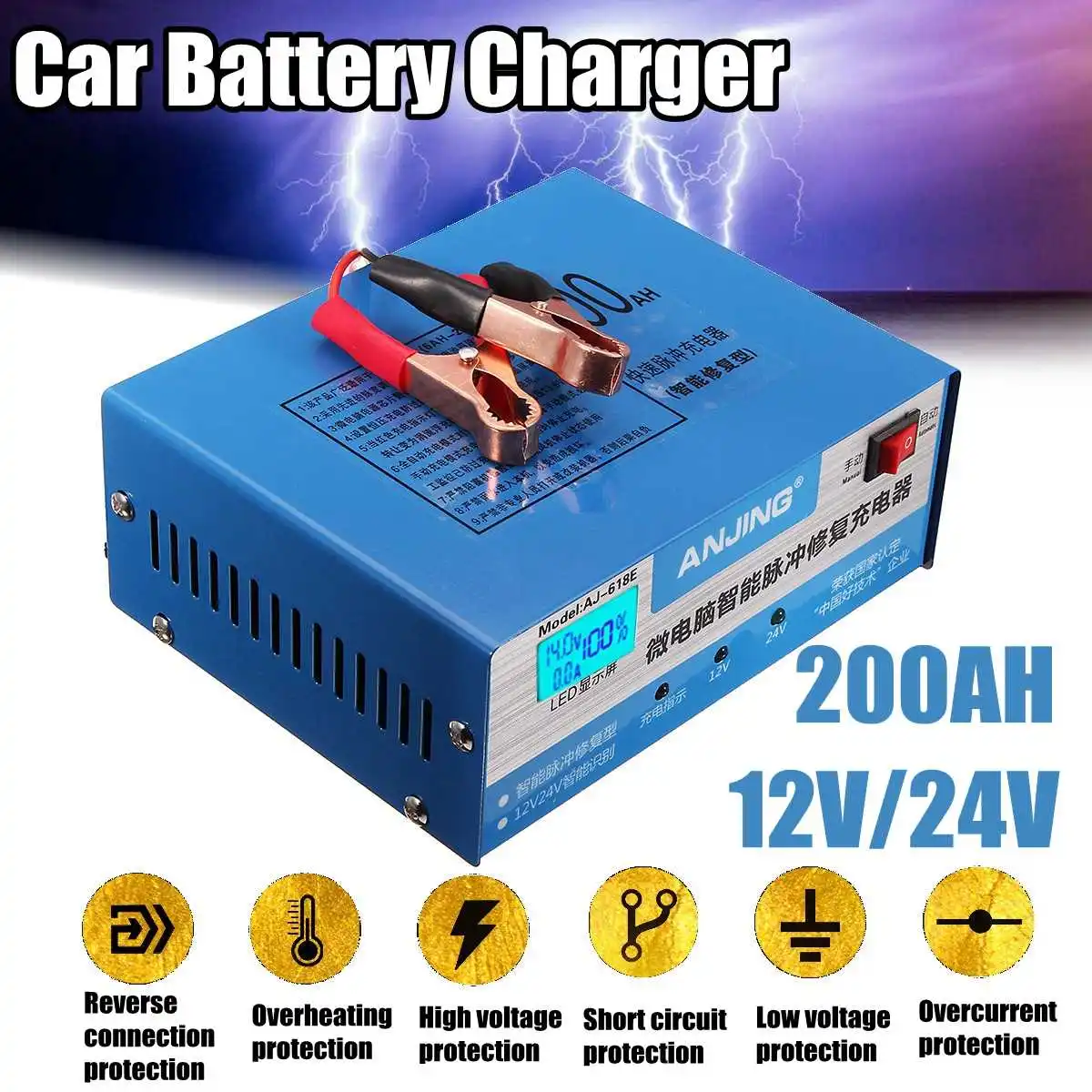 

Car Battery Charger Automatic Intelligent Pulse Repair 130V-250V 200AH 12/24V Five Charging Modes Lead Acid Battery With Adapter