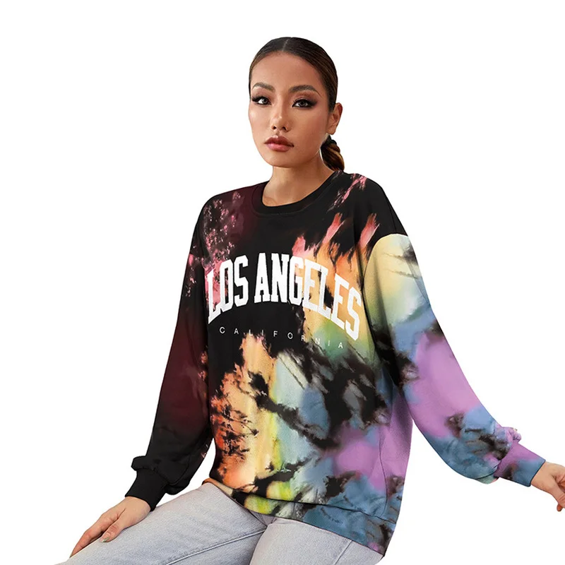 

Tie Dye Los Angeles Print Oversized Crewneck Sweatshirt Women Vintage Streetwear Loose Casual Long Sleeve Fashion Tops 2021 Fall