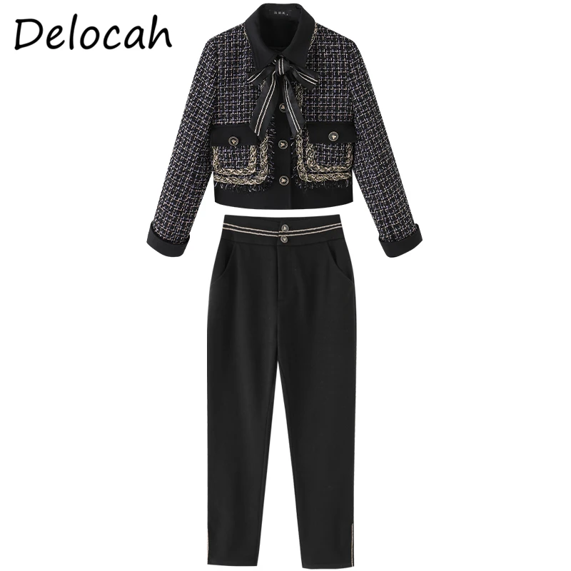 

Delocah Women Spring 2021 New Fashion Designer Pants Set Long Sleeve Pockets Coat+High Waist Print Long Pants 2 TwoPiecesSuits