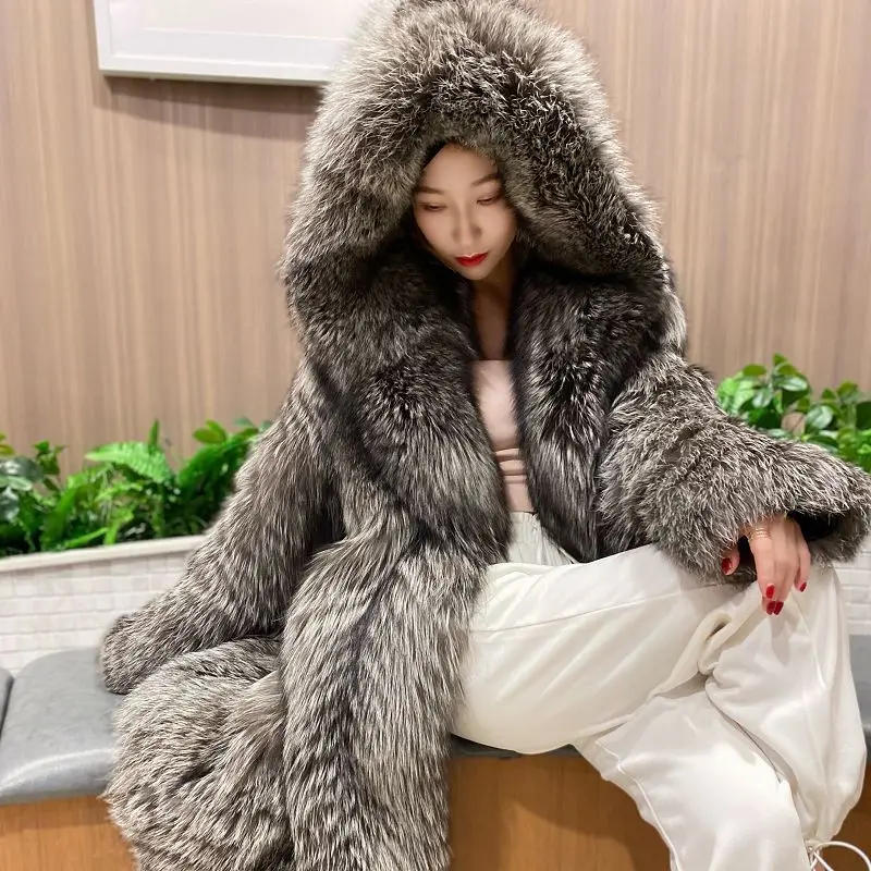 

Women's fur coat new whole skin fox fur coat hooded long windbreaker young winter warm female leisure