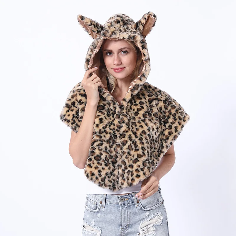 Women Men Animal Faux Fur Hat  with Shawl Wolf Plush Warm Animal Cap Shawl Scarf Halloween Christmas Party Novelty Fur Hats