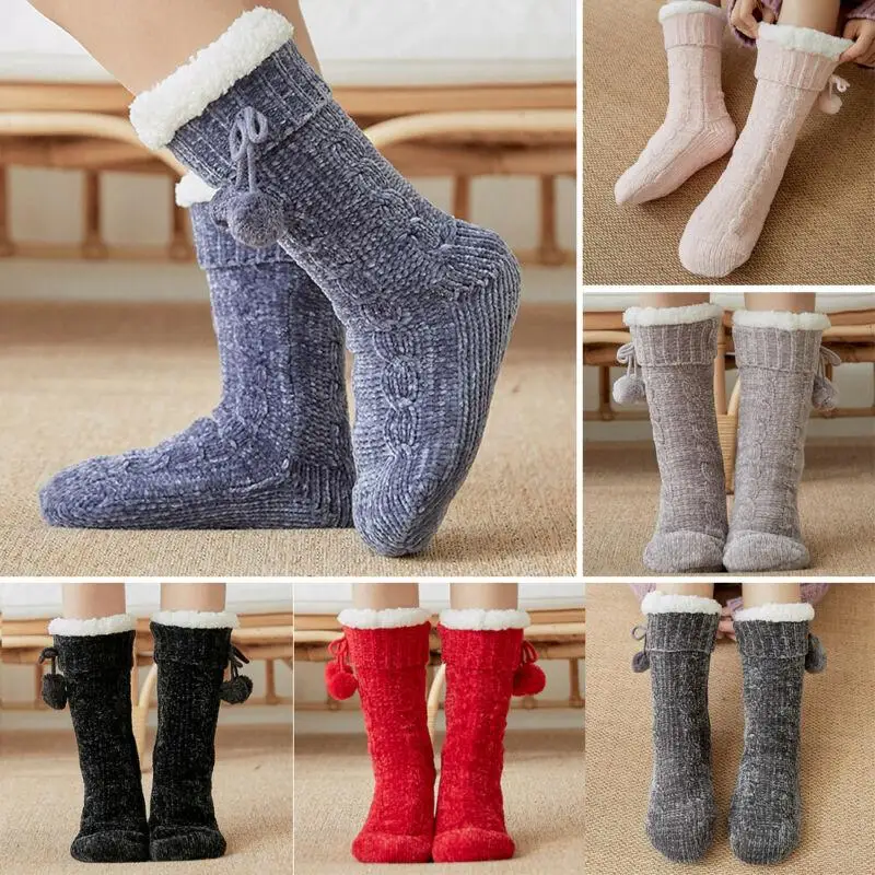 

Осенне-зимние женские флисовые Носки с принтом, женские носки для пола с бантом для девочек