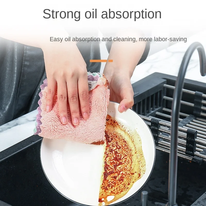 

5Pcs Non-oil Lazy Rag Kitchen Dish Towel Absorbent Clean Double-sided Thick Coral Fleece Household Cleaning Cloth 25x25cm